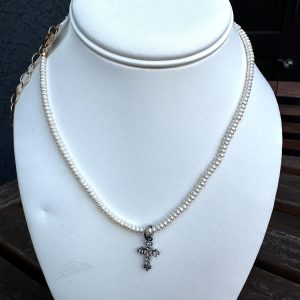 Pearls w/ Diamond Cross Necklace