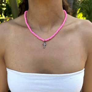 The Kat Necklace (Pepto Pink w/ cross)